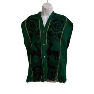 Inca Galleria Green Alpaca Wool Vest Native American‎ Llama Print Fringe